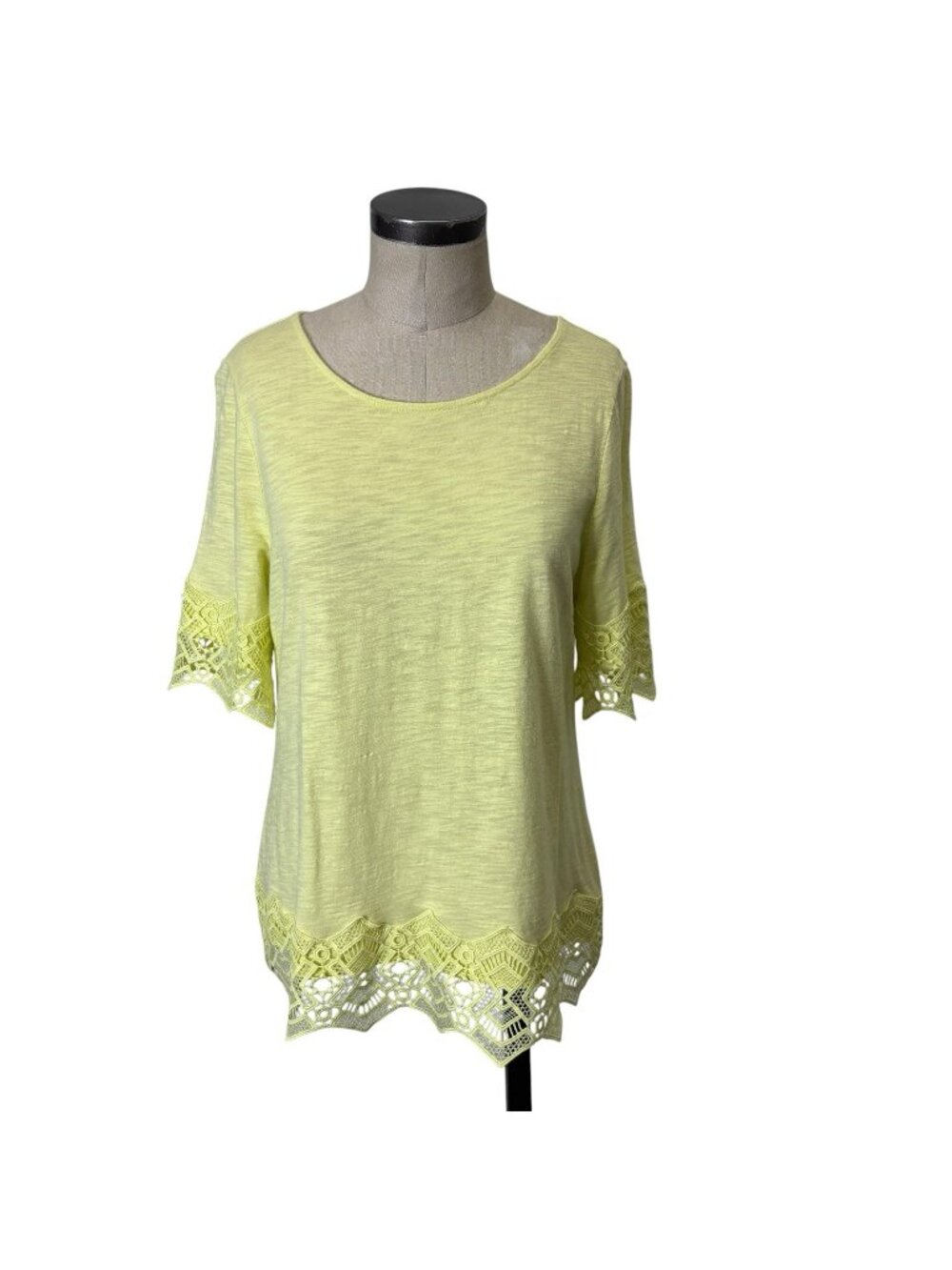 Chicos  Lace Trim Slub Knit Blouse Top 1 / Medium Yellow 570321499